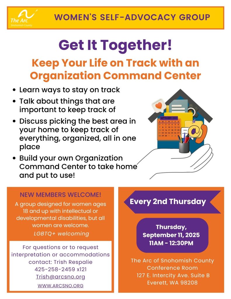 Flier with a picture of a hand holding up a house with many organization tools such as a phone, calendar and pens