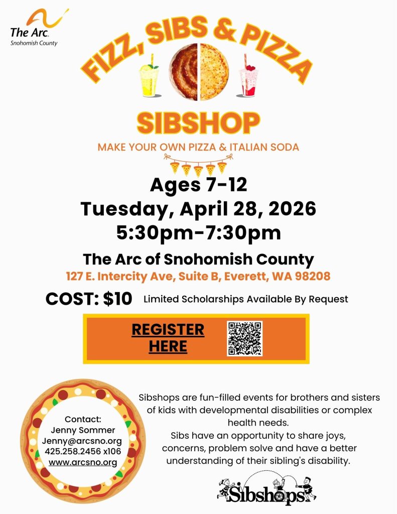 MAKE YOUR OWN PIZZA & ITALIAN SODA Ages 7-12 Tuesday, April 28, 2026 5:30pm-7:30pm The Arc of Snohomish County COST: $10 Limited Scholarships Available By Request Contact: Jenny Sommer Jenny@arcsno.org 425.258.2456 x106