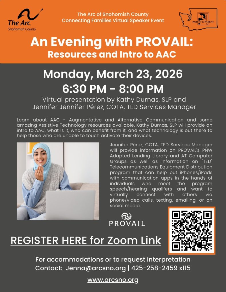 PROVAIL RESOURCES: TED Program, AT Lending Library, AT Groups Monday, March 23, 2026 6:30 PM - 8:00 PM The Telecommunication Equipment Distribution (TED) Program is a WA state resource for individuals 4 years and older, who are unable to hear, or be heard, or be understood over a phone call. For accommodations or to request interpretation Contact: Jenna@arcsno.org | 425-258-2459 x115