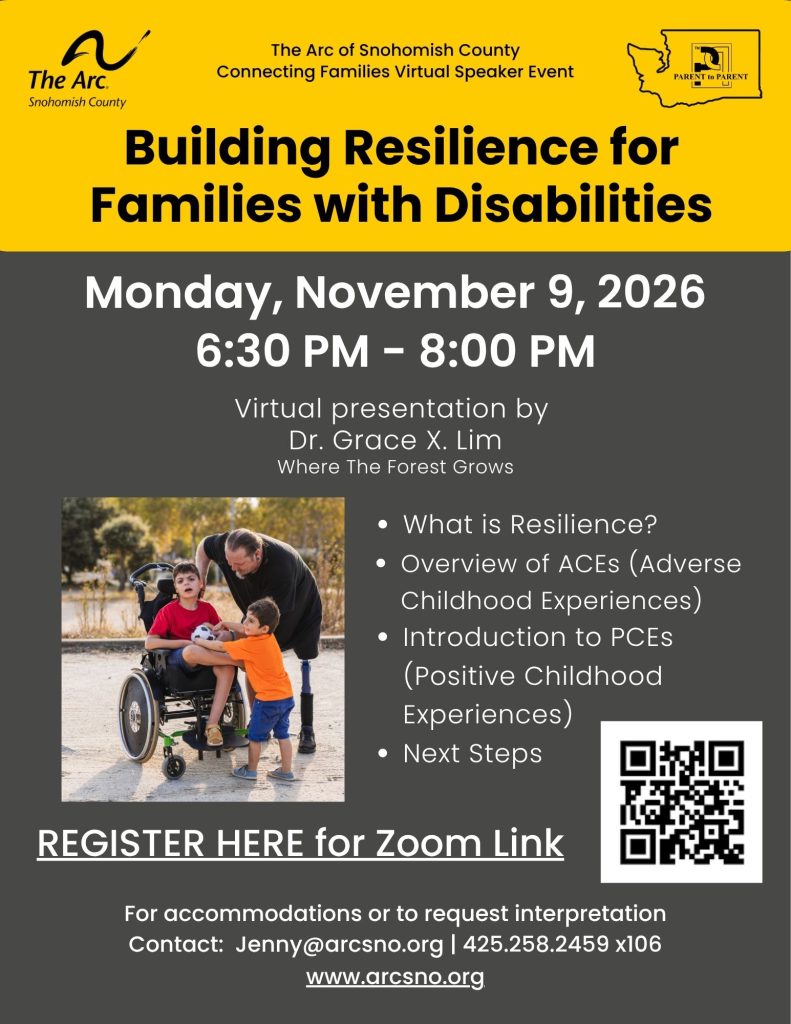 Monday, November 9, 2026 6:30 PM - 8:00 PM Virtual presentation by Dr. Grace X. Lim Where The Forest Grows What is Resilience? Overview of ACEs (Adverse Childhood Experiences) Introduction to PCEs (Positive Childhood Experiences) Next Steps For accommodations or to request interpretation Contact: Jenny@arcsno.org | 425.258.2459 x106